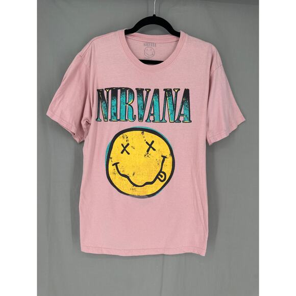 Nirvana Shirt Womens Small Pink Graphic Tee Music Band Oversized Grunge - Picture 1 of 5